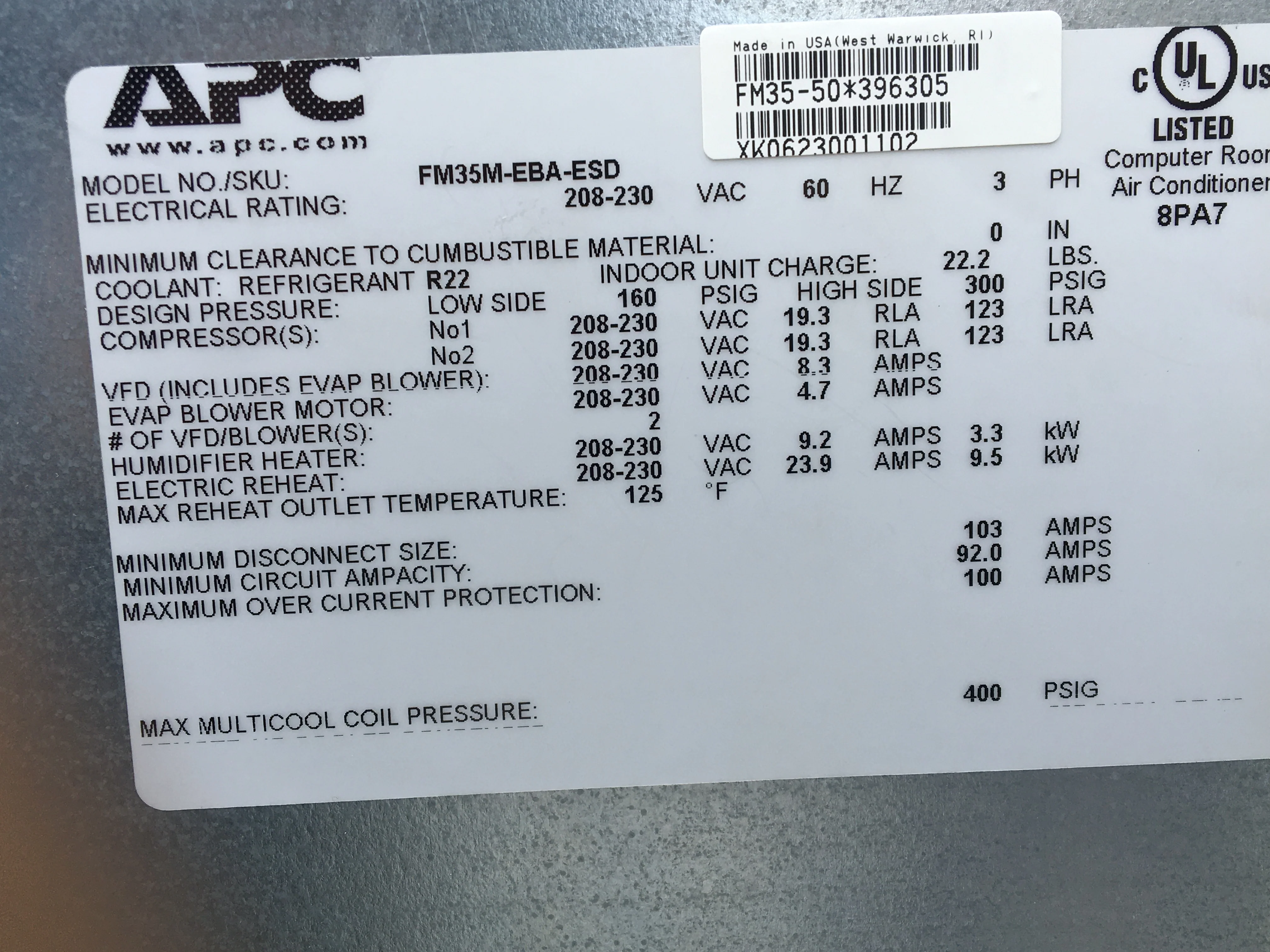 10 Ton Computer Air Conditioner 208-230/60/3, Air Cooled, Downflow, R-22 - Image 6