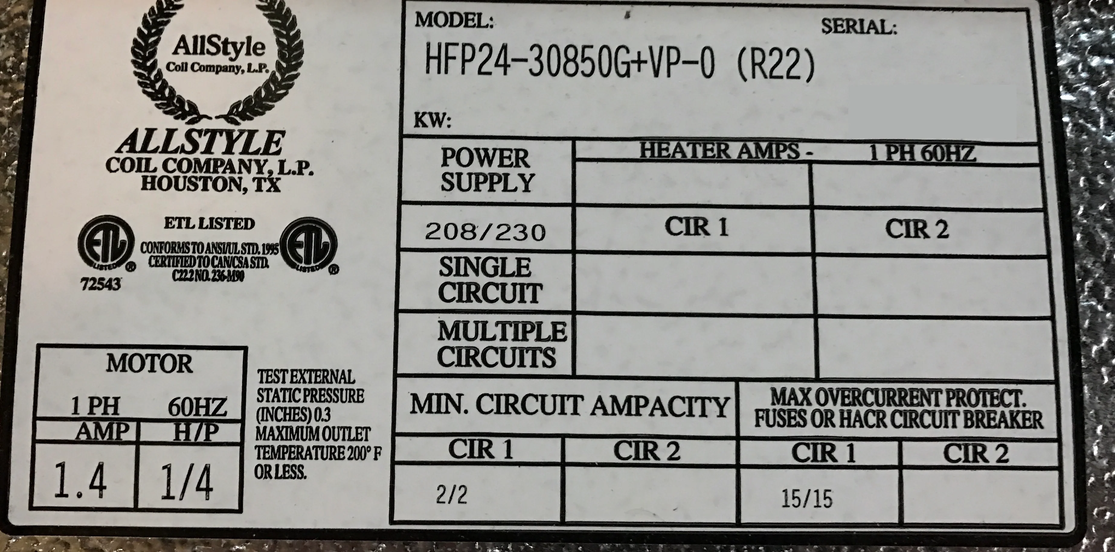 2 Ton AC/HP Double Blower Ceiling Mtd Horiz Fancoil /Less Electric Heat 208-230/60/1 R-22 - Image 5