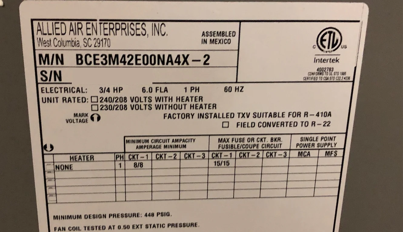 3.5 Ton AC/HP Const Torq Up/Horz Air Handler with 10Kw Heat Kit, 208-240/60/1 R-410A CFM:1600 - Image 5