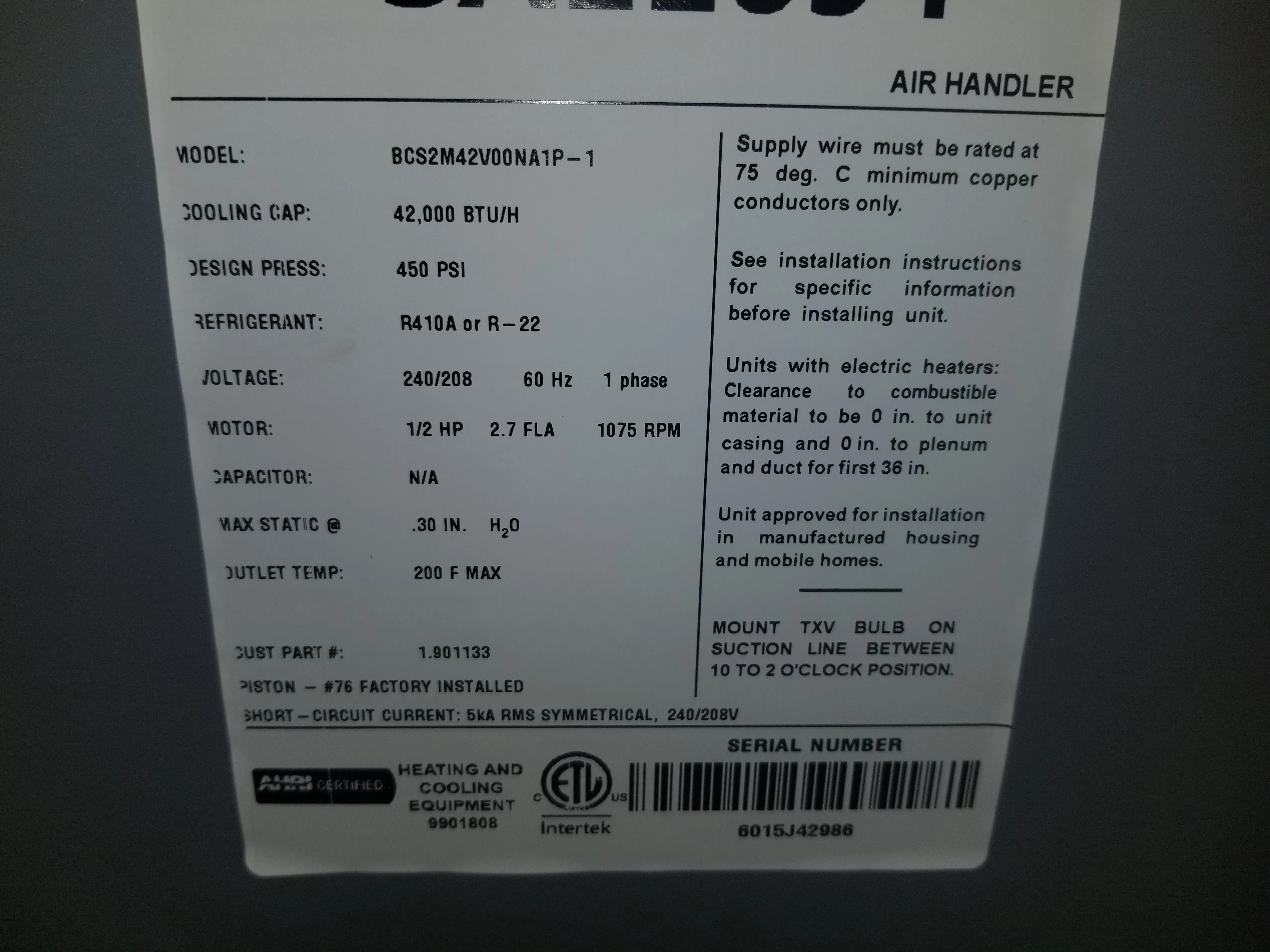 3.5 Ton AC/HP ECM Variable Speed Multiposition Fancoil; 208-240/60/1, R-410A - Image 5