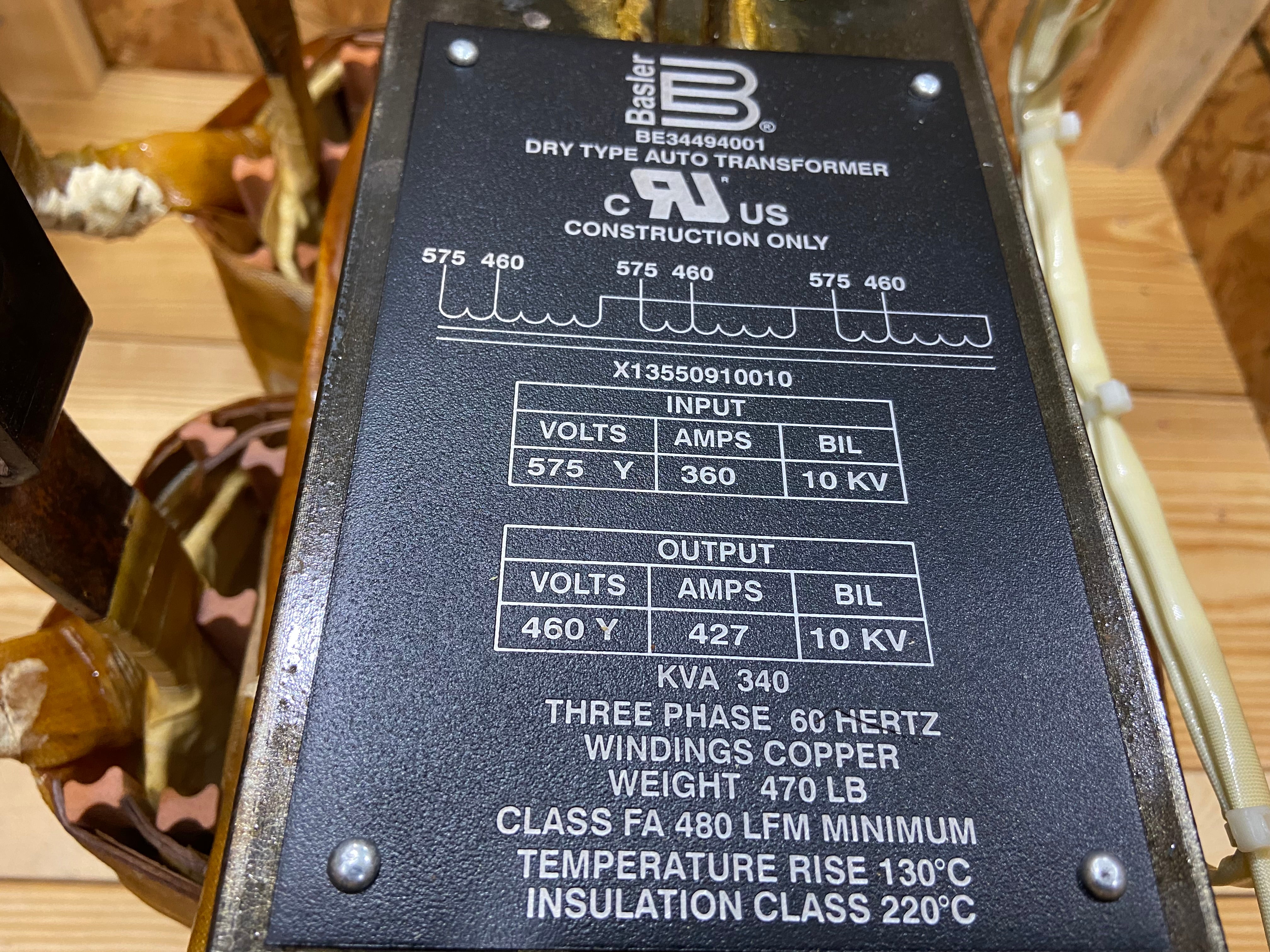 340 KVA 575V Pri/460V Sec Auto Transformer 575-460/60/3 - Image 3