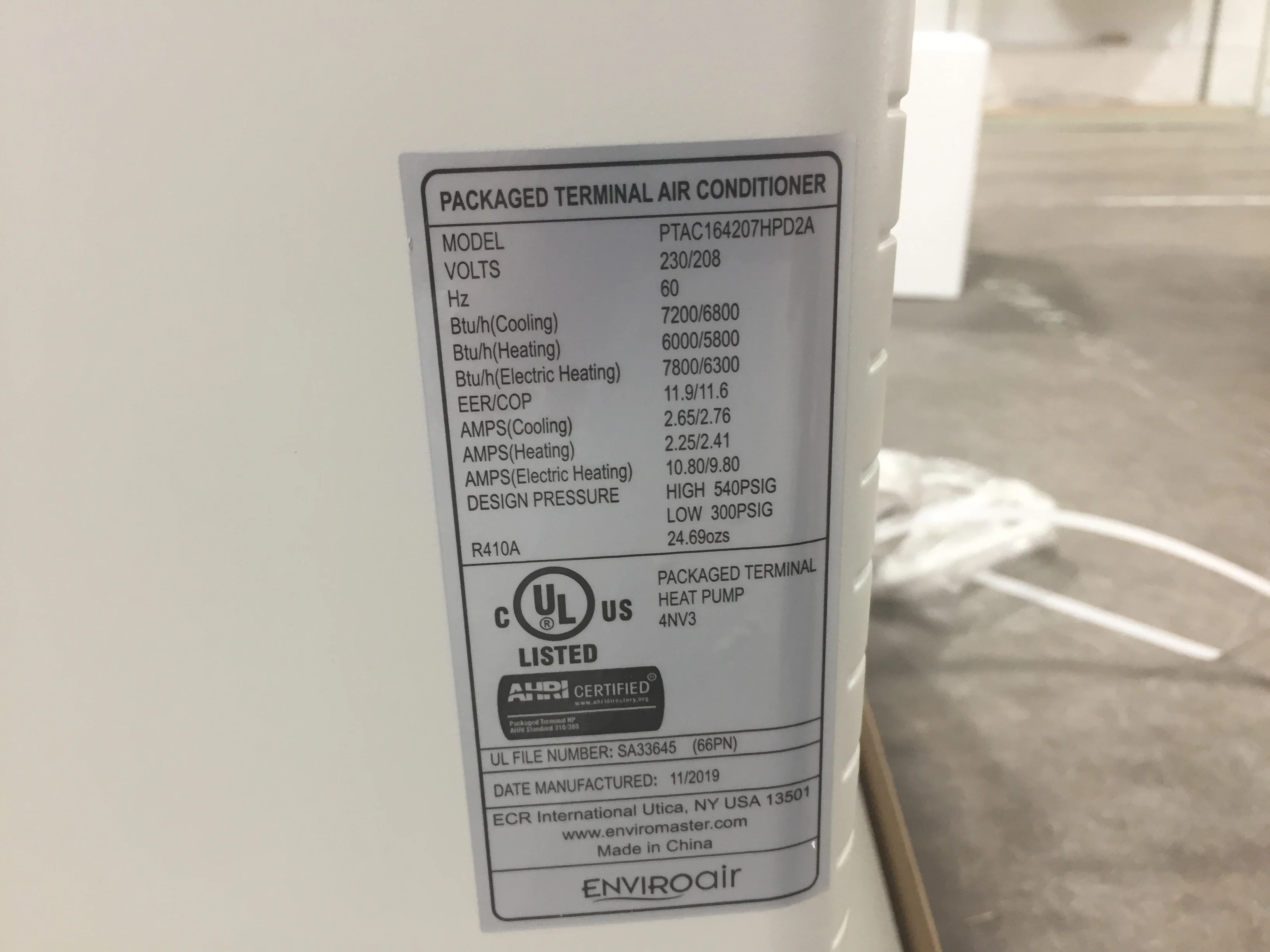 7,000 BTU Packaged Terminal Heat Pump w/2kW Elec Heat, 208-230/60/1, 10.5EER - Image 4